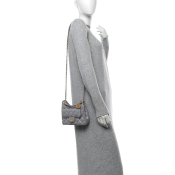 CHANEL Shiny Crumpled Calfskin Quilted Small Wavy CC Hobo Grey