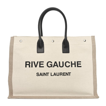SAINT LAURENT Linen Calfskin Rive Gauche Tote Greggio Natural