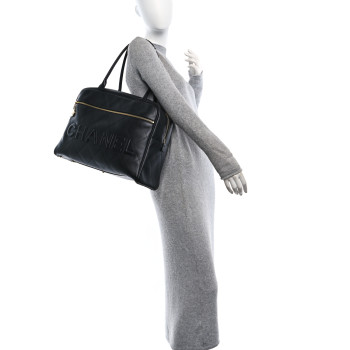 CHANEL Calfskin Stitched Maxi Logo Bowling Bag Black