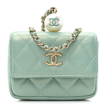CHANEL Iridescent Caviar Quilted Pearl On Top Coin Purse With Chain Light Green