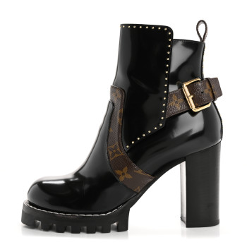 LOUIS VUITTON Glazed Calfskin Monogram Embellished Star Trail Ankle Boots 37.5 Black