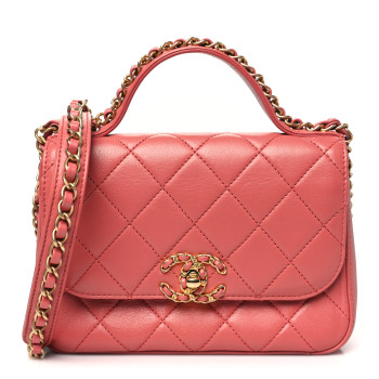CHANEL Lambskin Quilted Small Chain Infinity Top Handle Flap Pink