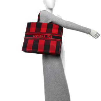 CHRISTIAN DIOR Canvas Embroidered Checkered Book Tote Black Red