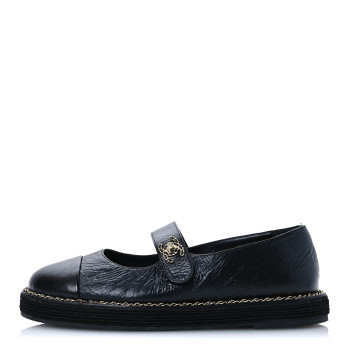 CHANEL Crumpled Lambskin Cap Toe Chain CC Turnlock Mary Jane Flats 36 Black