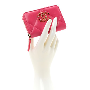CHANEL Shiny Goatskin Quilted 19 Zip Around Coin Purse Wallet Dark Pink