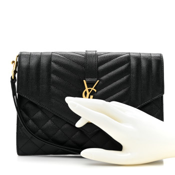 SAINT LAURENT Grain De Poudre Textured Mixed Matelasse Triquilt Monogram Clutch Black