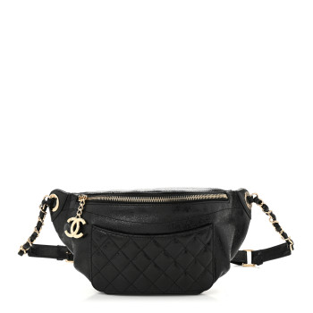 CHANEL Crumpled Glazed Lambskin Quilted Waist Bag Fanny Pack Black