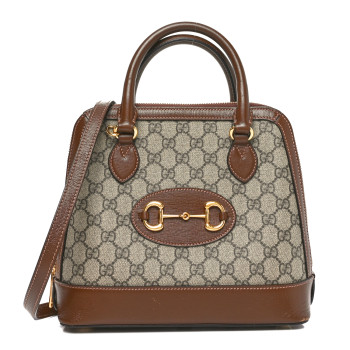 GUCCI GG Supreme Monogram Azalea Calfskin Small Horsebit 1955 Top Handle Bag Beige Ebony Brown Sugar