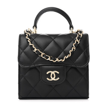 CHANEL Lambskin Quilted Top Handle Flap Clutch With Chain Black