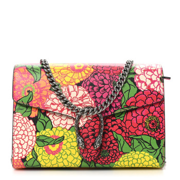 GUCCI X KEN SCOTT Textured Calfskin Pomponica Print Mini Dionysus Chain Wallet Multicolor Fuxia Pompon