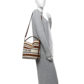 CELINE Canvas Smooth Calfskin Logo Bucket 16 Bag Brown Off White Tan