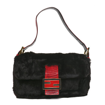 FENDI Rabbit Fur Lizard Baguette Black Red