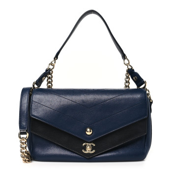 CHANEL Sheepskin Chevron Quilted Mini Double Chevron Flap Navy Black
