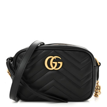 GUCCI Calfskin Matelasse Mini GG Marmont Chain Shoulder Bag Black