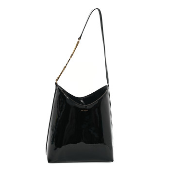 SAINT LAURENT Patent Calfskin Rendez-Vous Hobo Black