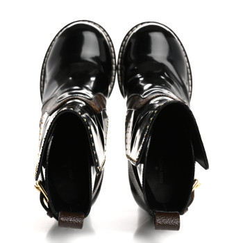 LOUIS VUITTON Glazed Calfskin Monogram Embellished Star Trail Ankle Boots 37.5 Black