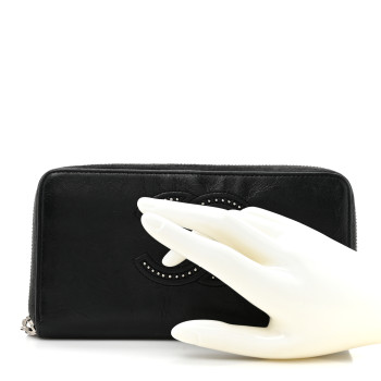 CHANEL Lambskin Studded Small Timeless CC Zip Around Wallet Black