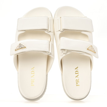 PRADA Nappa Logo Velcro Strap Slide Sandals 38 Ivory