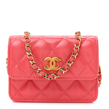 CHANEL Shiny Lambskin Quilted Card Holder On Chain Pink