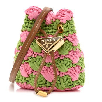 PRADA Yarn Raffia Effect Crochet Mini Pouch Petal Pink Lawn Green