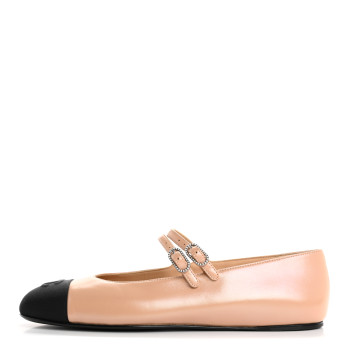 CHANEL Lambskin Grosgrain Pearl Mary Jane Flats 40 Beige Black