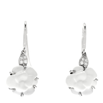 CHANEL 18K White Gold Diamond White Agate Camelia Sculpte Drop Earrings