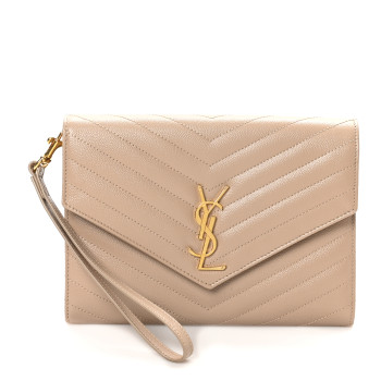 SAINT LAURENT Grain De Poudre Matelasse Chevron Monogram Envelope Clutch Dark Beige
