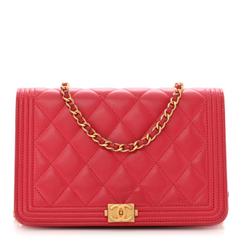 CHANEL Lambskin Quilted Boy Wallet On Chain WOC Dark Fuchsia