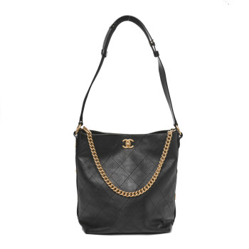 CHANEL Calfskin Stitched Large Button Up Hobo Black