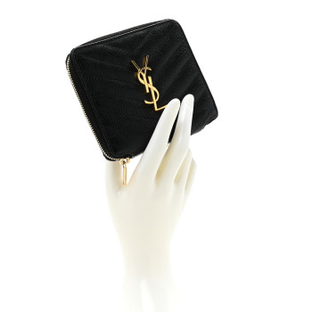 SAINT LAURENT Grain De Poudre Matelasse Chevron Monogram Monochrome Compact Zip Around Wallet Black