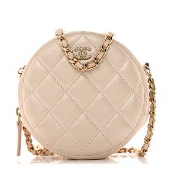 CHANEL Iridescent Lambskin Quilted Pearl Round Clutch With Chain Light Beige