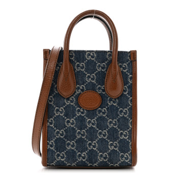 GUCCI New Denim GG Monogram Dollar Calfskin Mini Retro Interlocking G Tote Bag Blue Tea Cuir Epilog
