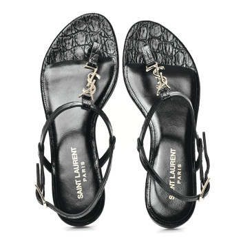 SAINT LAURENT Calfskin Crocodile Embossed Cassandra Monogram Sandals 35.5 Black