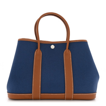 HERMES Toile Militaire Vache Country Garden Party Tote 30 Bleu France Gold