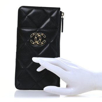 CHANEL Shiny Goatskin Quilted Chanel 19 Flat Wallet Pouch Black