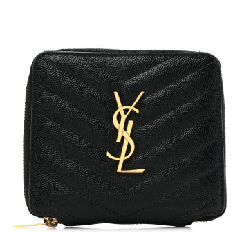 SAINT LAURENT Grain De Poudre Matelasse Chevron Monogram Monochrome Compact Zip Around Wallet Black