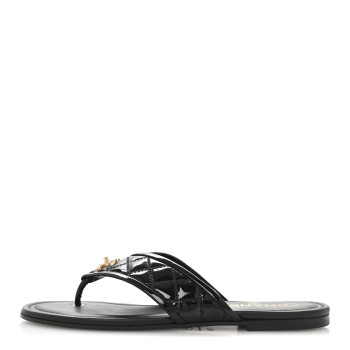 CHANEL Patent Quilted CC Sandals 37.5 Black