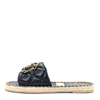 CHANEL Lambskin Quilted CC Chain Espadrille Mules 39 Black Navy
