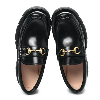 GUCCI Magnum Calfskin Nappa Samoa Womens Horsebit Platform Chunky Lug Sole 40mm Loafers 35 Black