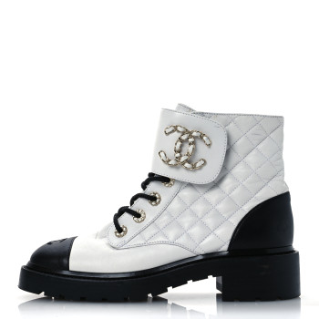 CHANEL Shiny Lambskin Quilted Lace Up Combat Boots 39.5 White Black