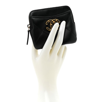 CHANEL Lambskin Quilted Chanel 19 Zip Card Holder Wallet Black
