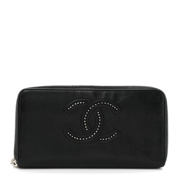 CHANEL Lambskin Studded Small Timeless CC Zip Around Wallet Black