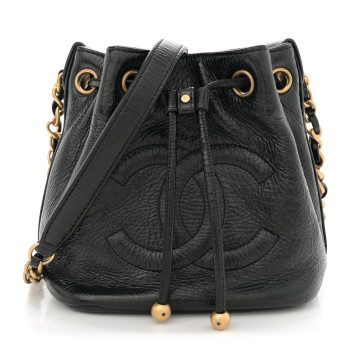 CHANEL Shiny Aged Calfskin CC Chain Mini Drawstring Bag Black
