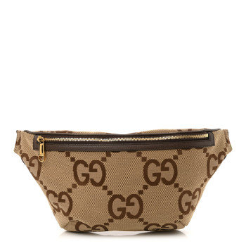 GUCCI Monogram Jumbo GG Textured Dollar Calfskin Web Belt Bag Camel Ebony New Acero