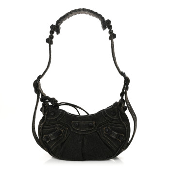 BALENCIAGA Washed Frayed Denim Crystal Le Cagole Shoulder Bag XS Black