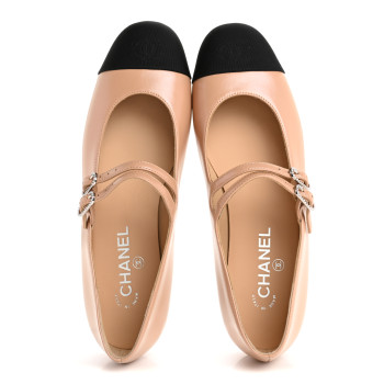 CHANEL Lambskin Grosgrain Pearl Mary Jane Flats 40 Beige Black