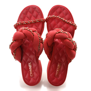 CHANEL Kid Suede Chain Braided Sandals 38 Red