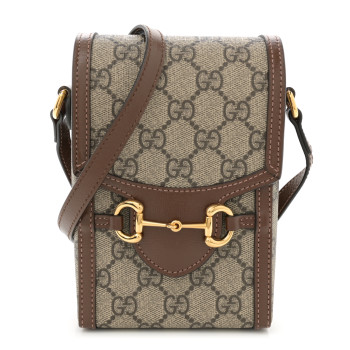 GUCCI GG Supreme Monogram Mini Horsebit 1955 Crossbody Bag Beige Brown Sugar