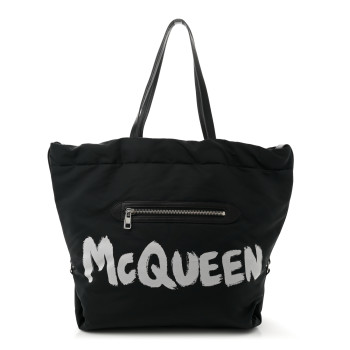 ALEXANDER MCQUEEN Nylon Graffiti Logo The Bundle Tote Black White