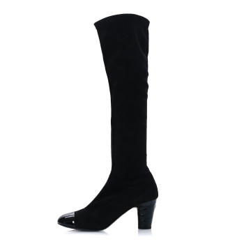 CHANEL Suede Patent CC Quilted Knee High Boots 36 Black
